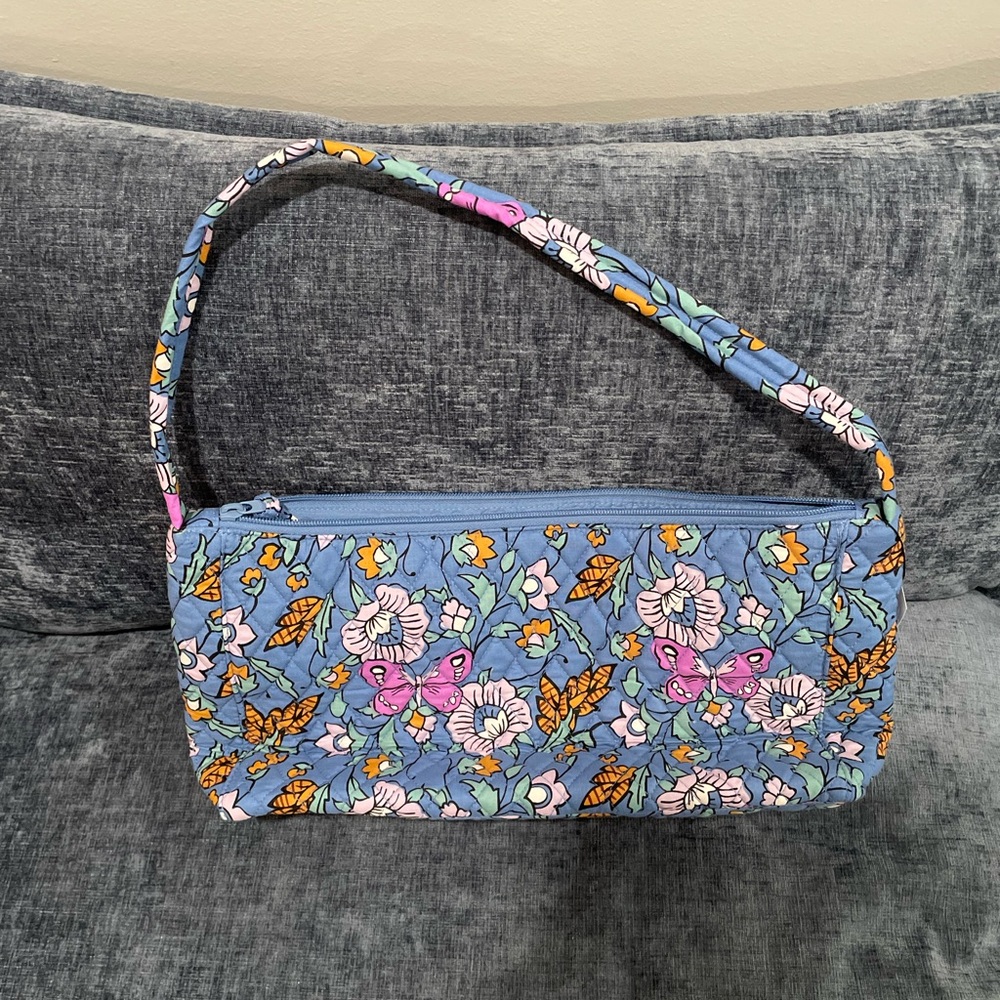 Blue Floral Vera Bradley Quilted Shoulder Bag with Pink Butterflies